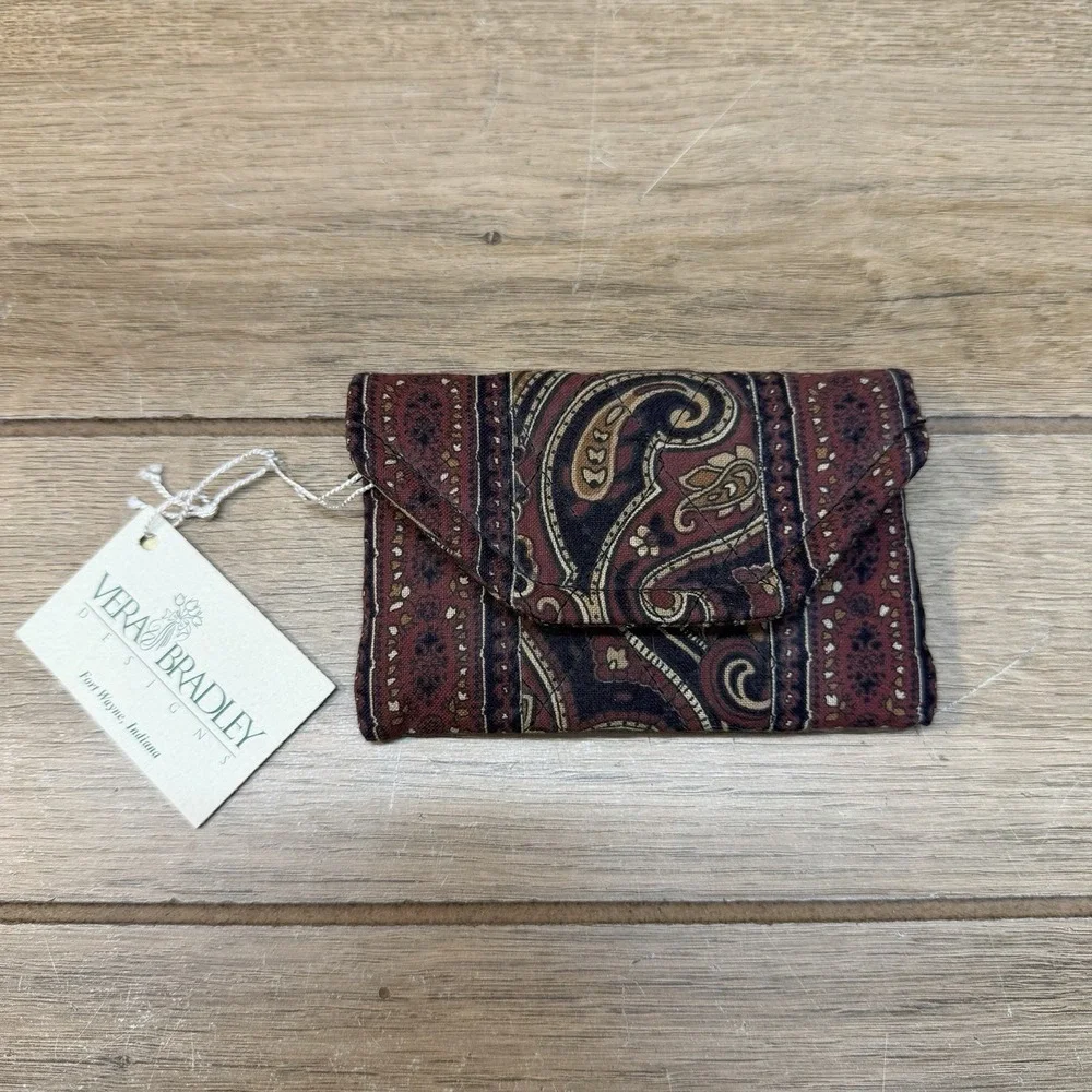 Vtg Vera Bradley Credit Card Case Mini Wallet Mocha Paisley Brown Black Rare USA
